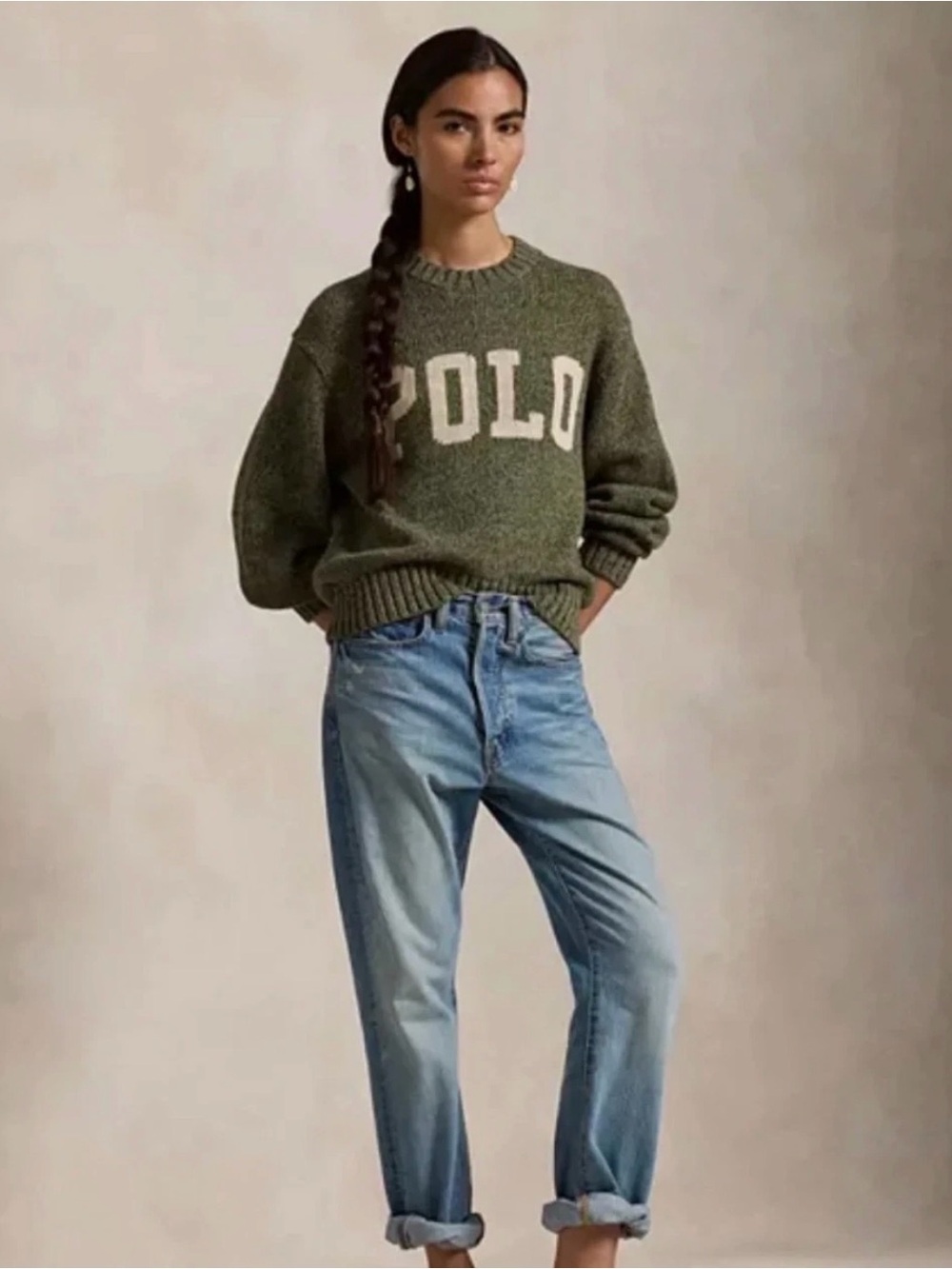 Polo by Ralph Lauren Olive Knit Crewneck Sweater with Cream Logo - Picture 3 of 5